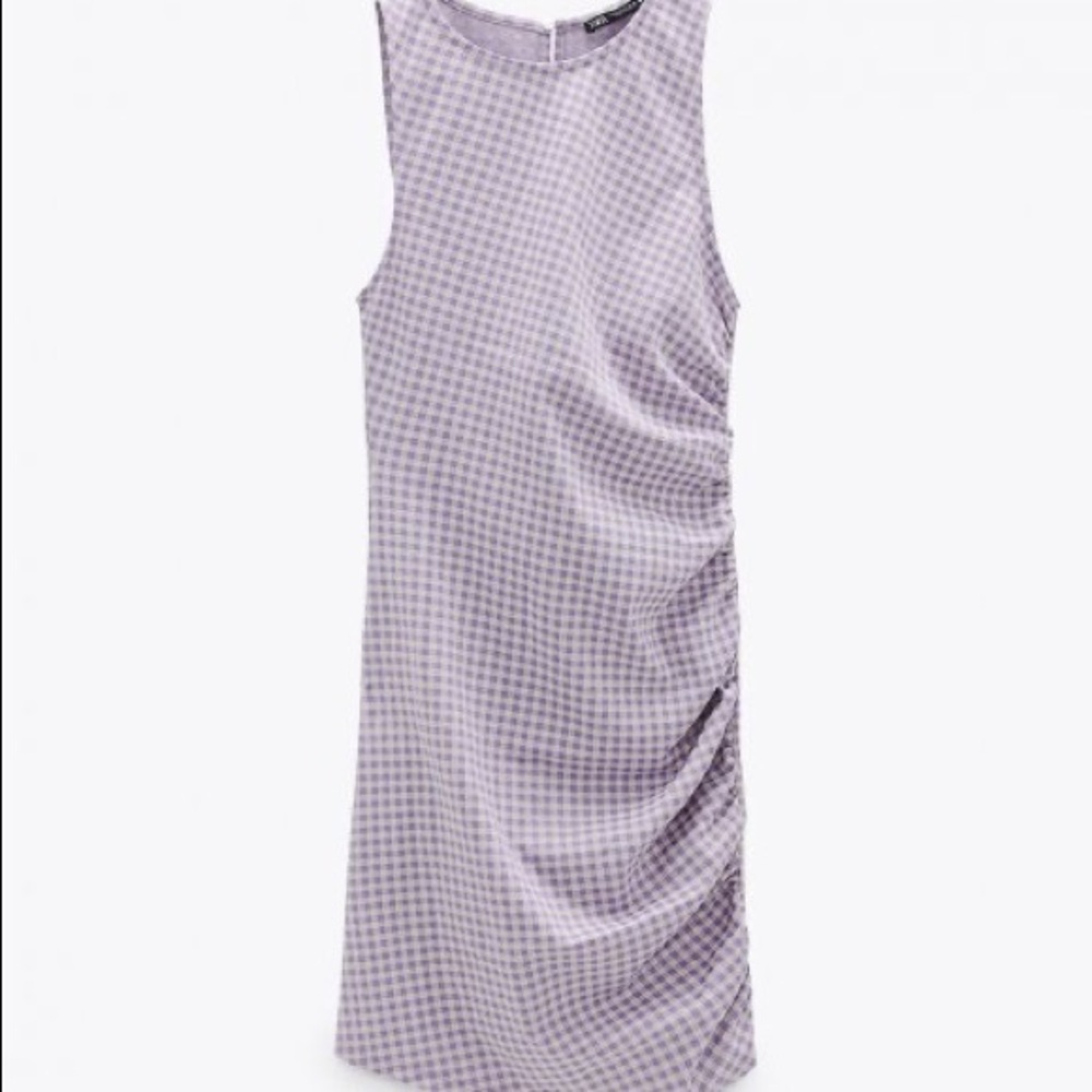 Zara purple gingham mini dress with gathered detail - large